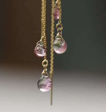 Watermelon Bi-Color Tourmaline Ear Threaders, 14k Gold Filled