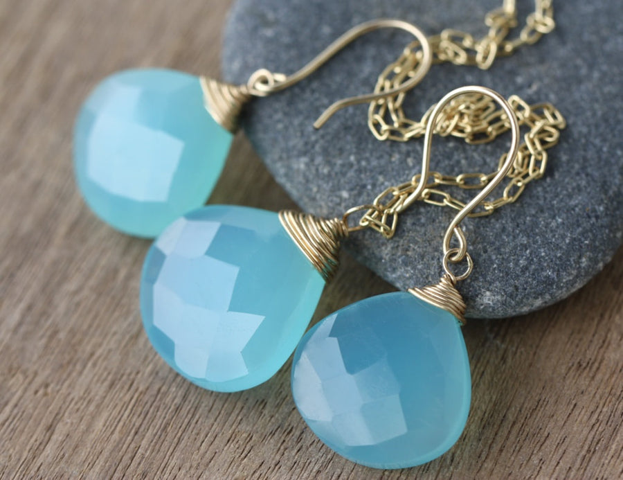 Sea Blue Chalcedony Necklace, 14k Gold Filled Chain
