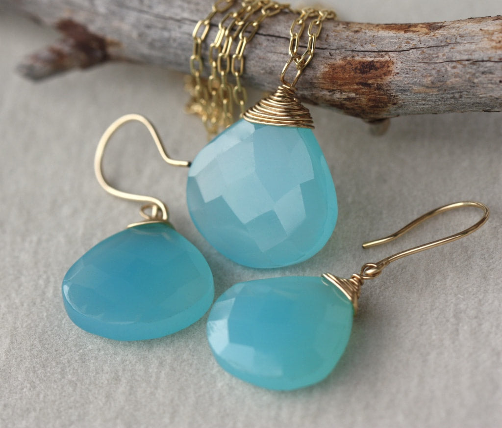 Sea Blue Chalcedony Necklace, 14k Gold Filled Chain