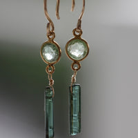 Earrings of Teal Green Tourmaline Natural Uncut Crystals and Green Tourmaline, 14k Gold Filled and 22k Gold Plated