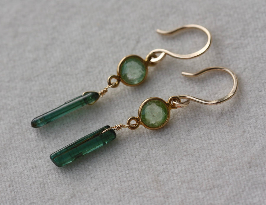 Earrings of Teal Green Tourmaline Natural Uncut Crystals and Green Tourmaline, 14k Gold Filled and 22k Gold Plated
