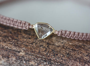 Rose Cut Salt and Pepper Diamond Slice, 18k Gold and Organic Cotton Macrame Adjustable Bracelet