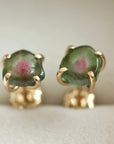 Bi-Color Watermelon Tourmaline Slice Green and Pink Tourmaline Stud Earrings, October Birthstone Earrings