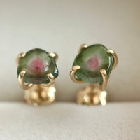 Bi-Color Watermelon Tourmaline Slice Green and Pink Tourmaline Stud Earrings, October Birthstone Earrings
