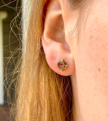 Bi-Color Watermelon Tourmaline Slice Green and Pink Tourmaline Stud Earrings, October Birthstone Earrings