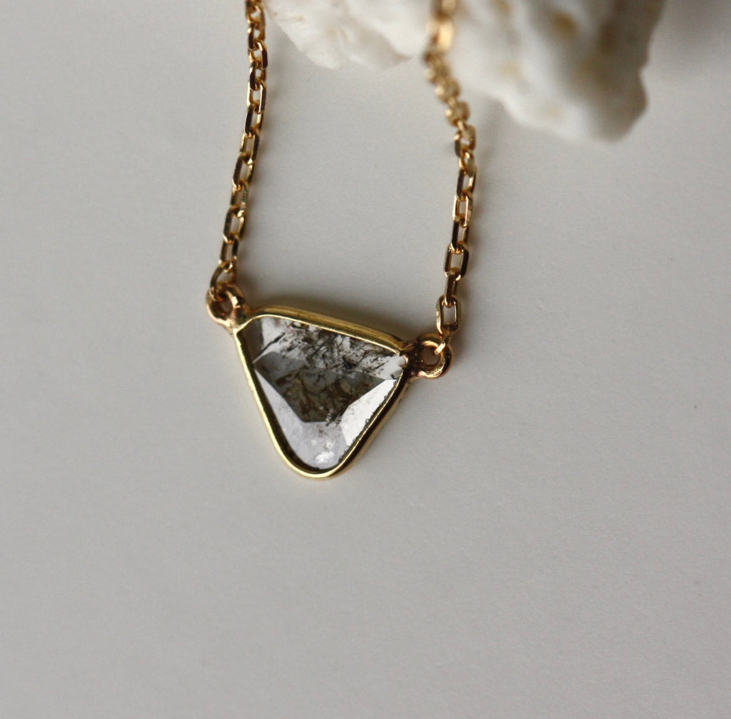 Diamond Slice Necklace in 18k Gold, Raw Salt and Pepper Diamond Necklace,  April Birthstone Necklace