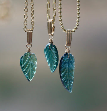 Carved Indicolite Tourmaline Leaf/Feather Necklace, 14k Gold Filled