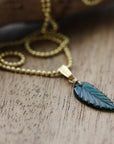 Carved Indicolite Tourmaline Leaf/Feather Necklace, 14k Gold Filled