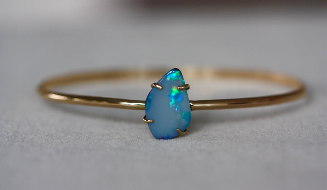 Australian Boulder Opal, Black Opal Bangle, 14k Gold/14k Gold Filled