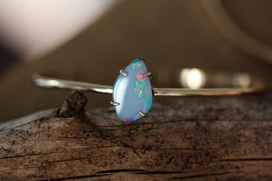 Australian Boulder Opal, Black Opal Bangle, 14k Gold/14k Gold Filled