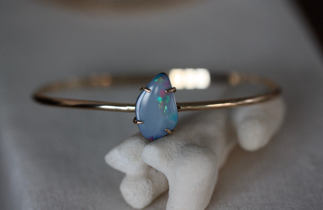 Australian Boulder Opal, Black Opal Bangle, 14k Gold/14k Gold Filled