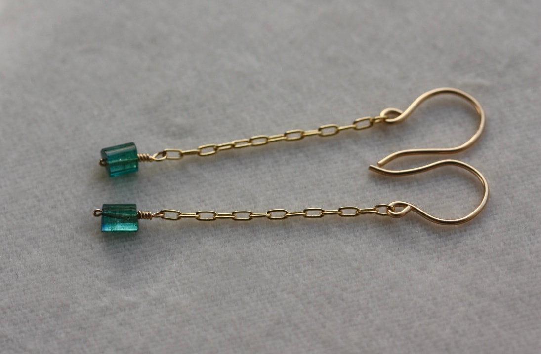 Indicolite Tourmaline Long Chain Earrings, 14k Gold Filled