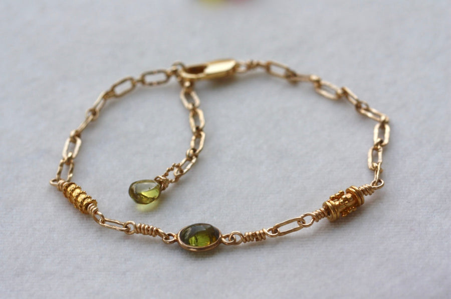 Chain Bracelet with Olive Green Tourmaline and 22k Gold Vermeil Beads, 14k Gold Filled