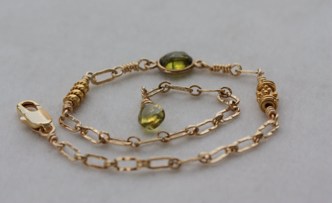 Chain Bracelet with Olive Green Tourmaline and 22k Gold Vermeil Beads, 14k Gold Filled