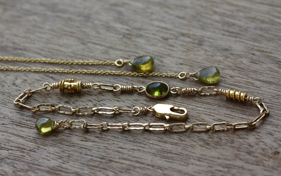 Chain Bracelet with Olive Green Tourmaline and 22k Gold Vermeil Beads, 14k Gold Filled