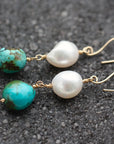 Long Tibetan Turquoise and Pearl Earrings