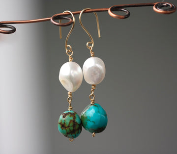 Long Tibetan Turquoise and Pearl Earrings