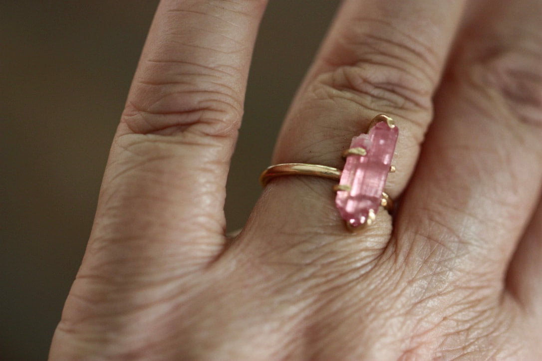 Uncut Natural Pink Tourmaline Crystal Ring, October Birthstone