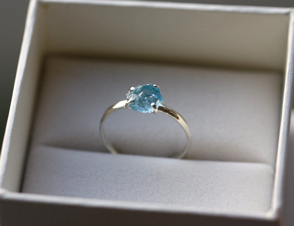 Uncut Natural Blue Brazilian Santa Maria Aquamarine Crystal Ring, March Birthstone