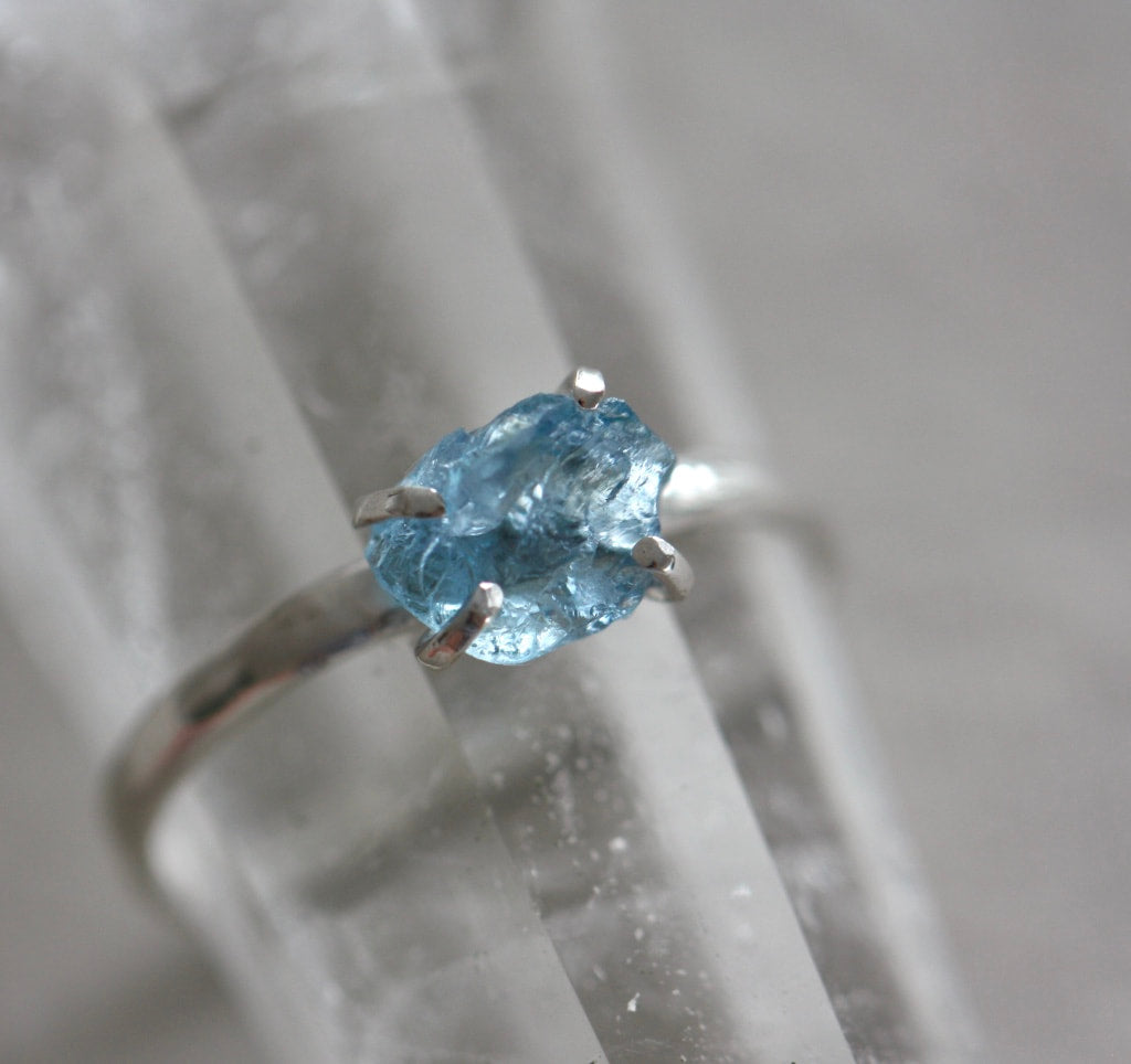 Uncut Natural Blue Brazilian Santa Maria Aquamarine Crystal Ring, March Birthstone