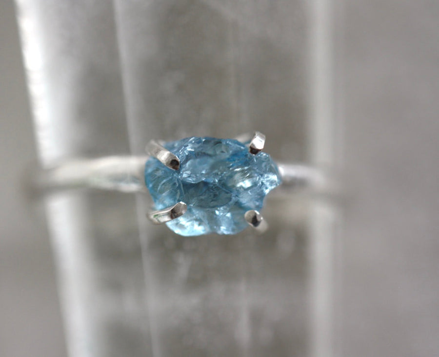Uncut Natural Blue Brazilian Santa Maria Aquamarine Crystal Ring, March Birthstone