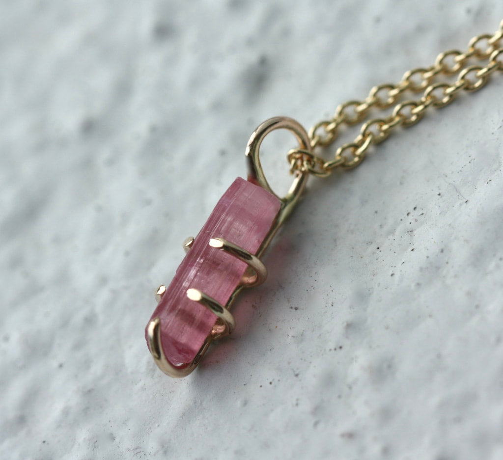 Raw Pink Tourmaline Pendant Necklace, October Birthstone