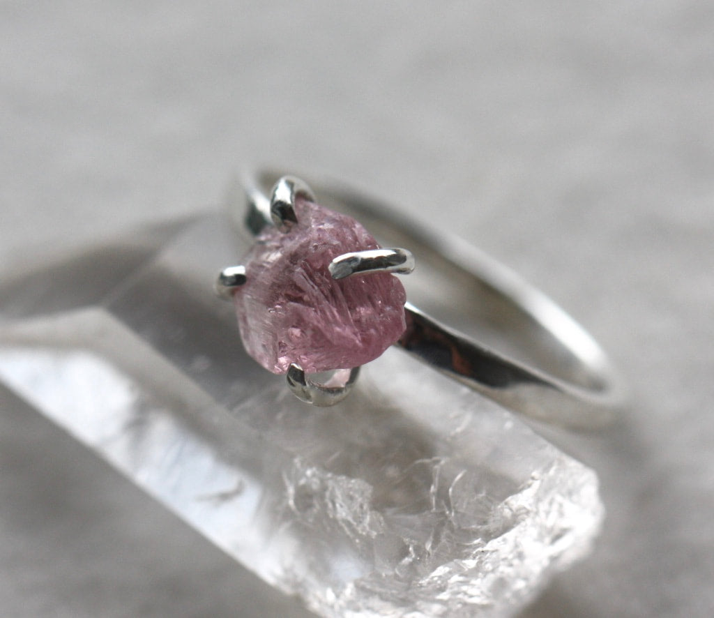 Uncut Natural Pink Tourmaline Ring, 92.5 Sterling Silver, October Birthstone