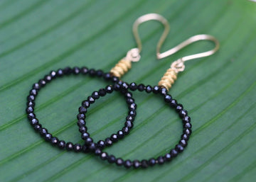 Natural Black Spinel Hoop Earrings, 14k Gold Filled/22k Gold Vermeil