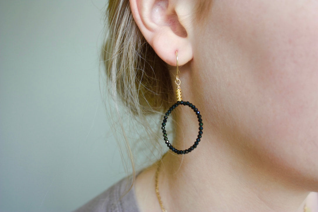 Natural Black Spinel Hoop Earrings, 14k Gold Filled/22k Gold Vermeil