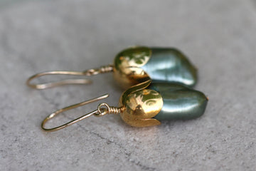 Olive Green Biwa Freshwater Pearl Acorn/Tulip Earrings