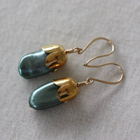 Olive Green Biwa Freshwater Pearl Acorn/Tulip Earrings