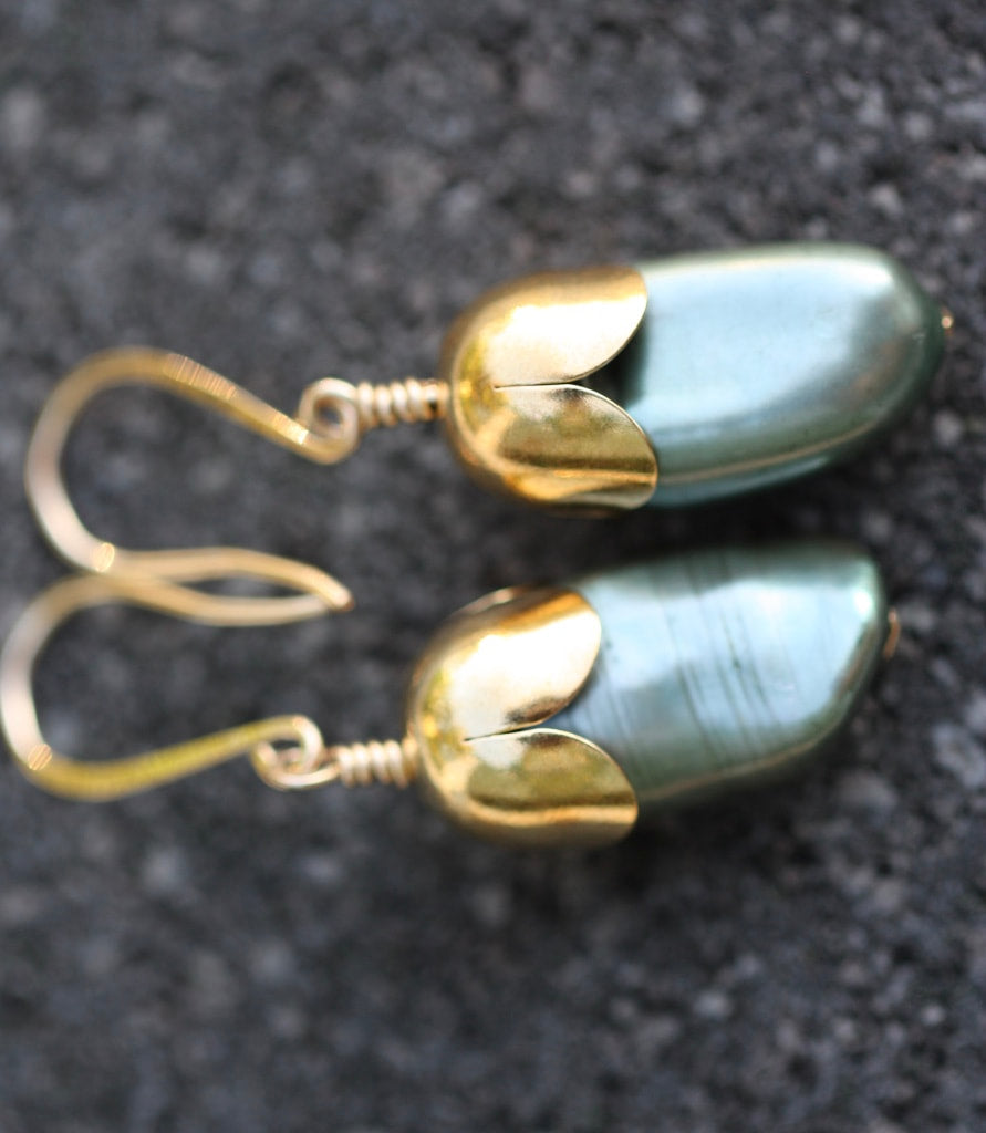 Olive Green Biwa Freshwater Pearl Acorn/Tulip Earrings