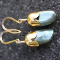 Olive Green Biwa Freshwater Pearl Acorn/Tulip Earrings