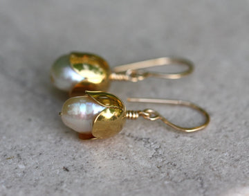 Cream White Freshwater Pearl Acorn/Tulip Earrings