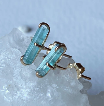 Raw Paraiba Blue Green Tourmaline Stud Earrings