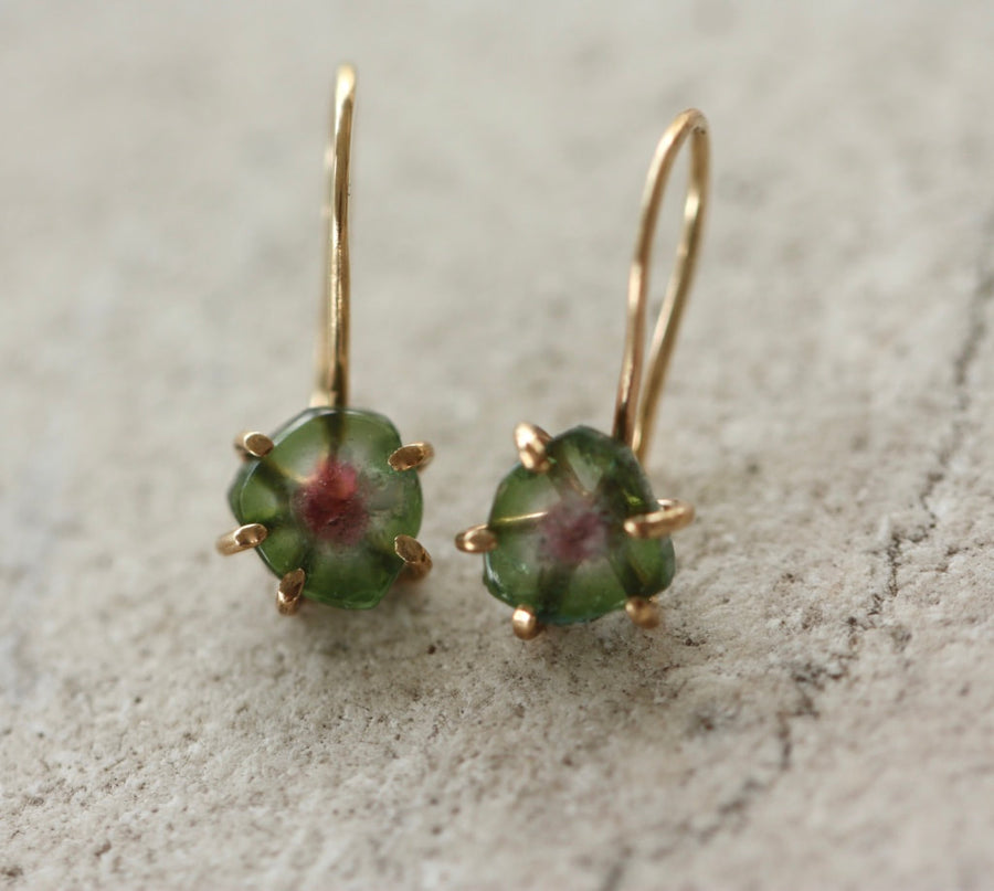 Bi-Color Watermelon Tourmaline Slice Earrings, Green and Pink Tourmaline Earrings