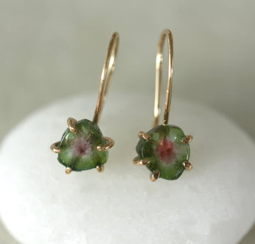 Bi-Color Watermelon Tourmaline Slice Earrings, Green and Pink Tourmaline Earrings