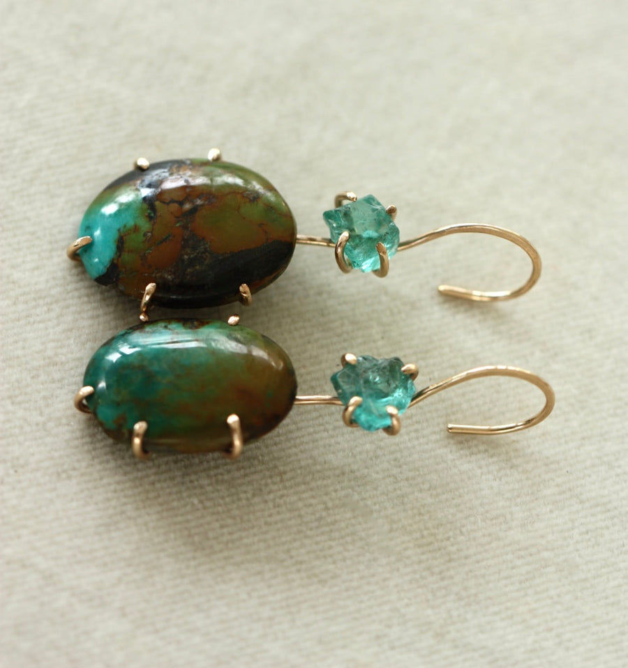 Tibetan Turquoise and Raw Madagascar Neon Apatite Earrings
