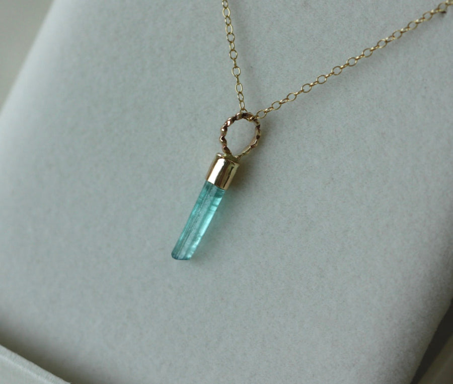 Raw Paraiba Blue/Green Tourmaline Pendant Necklace, October Birthstone Pendant Necklace, 14k Gold