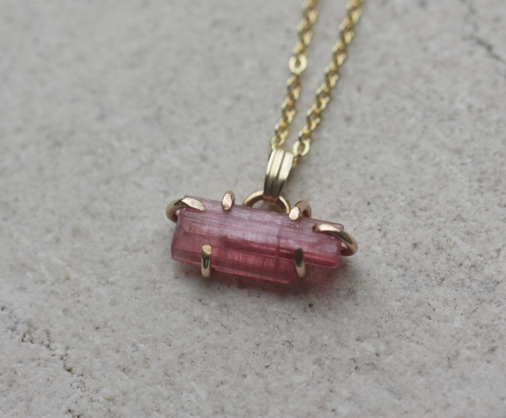 Raw Pink Tourmaline Pendant Necklace, October Birthstone Pendant Necklace