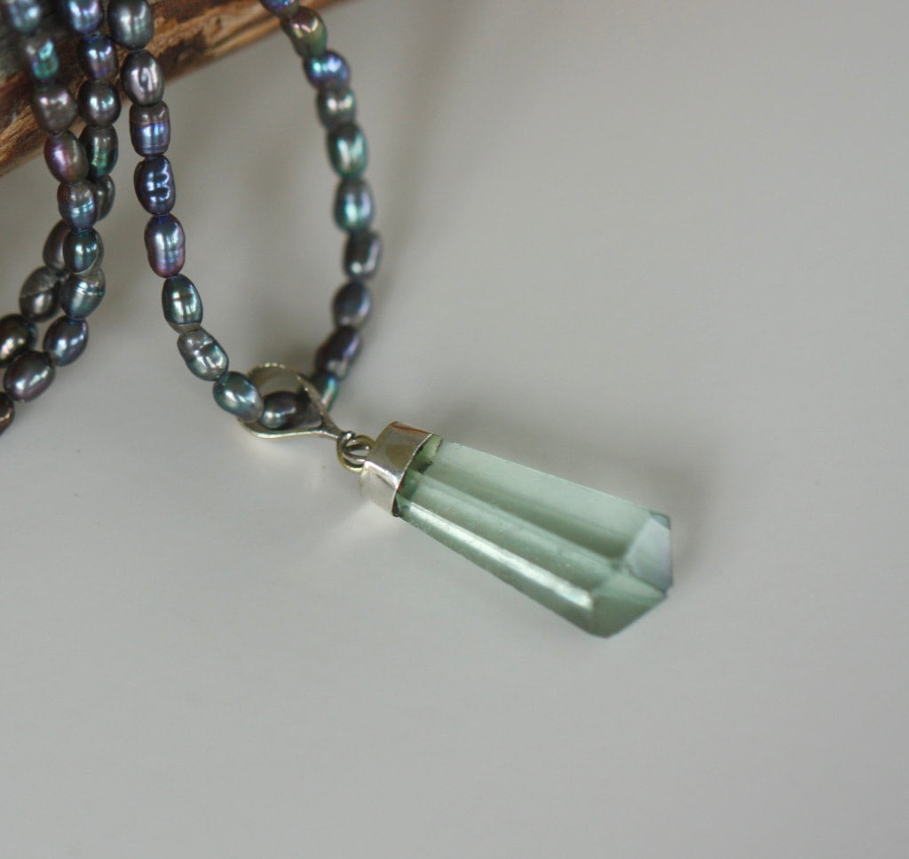 Light Green Fluorite Crystal Point Pendant and Metallic Freshwater Pearl Necklace