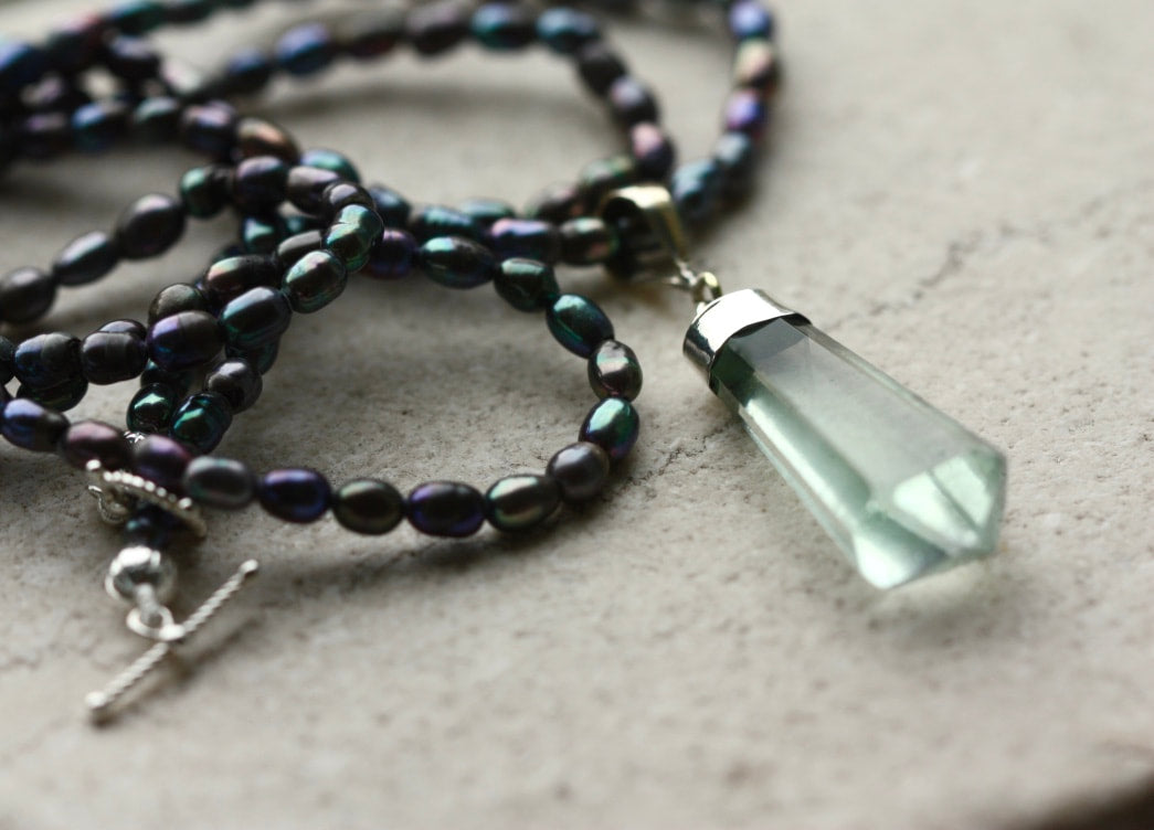 Light Green Fluorite Crystal Point Pendant and Metallic Freshwater Pearl Necklace