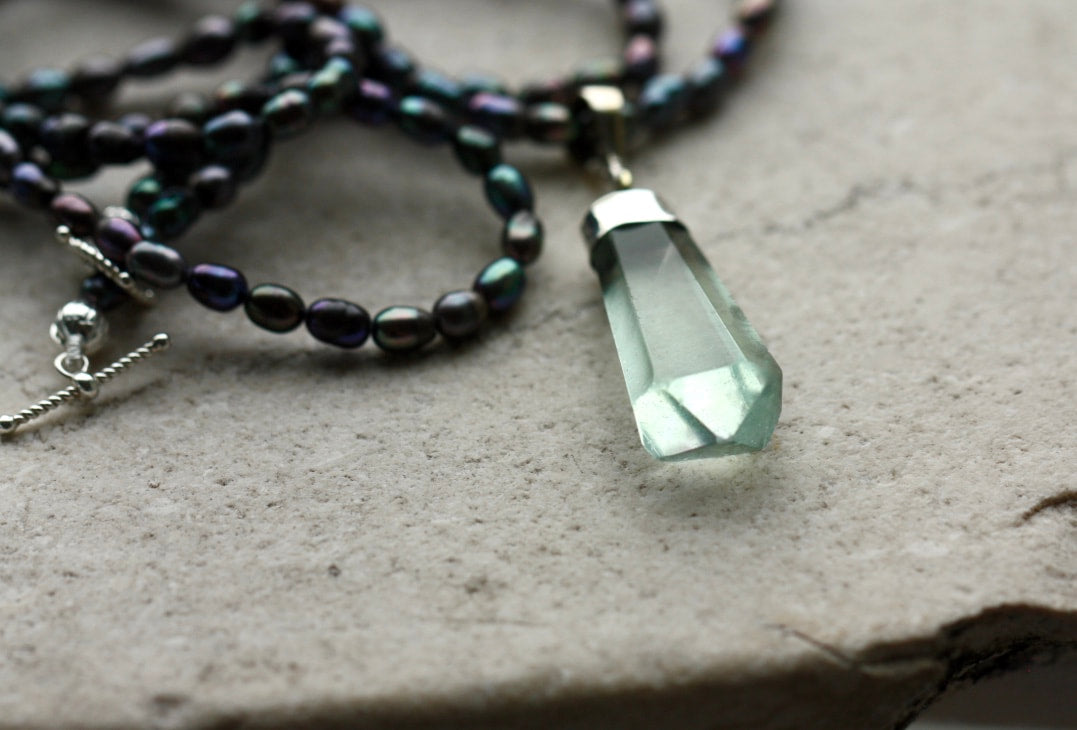 Light Green Fluorite Crystal Point Pendant and Metallic Freshwater Pearl Necklace