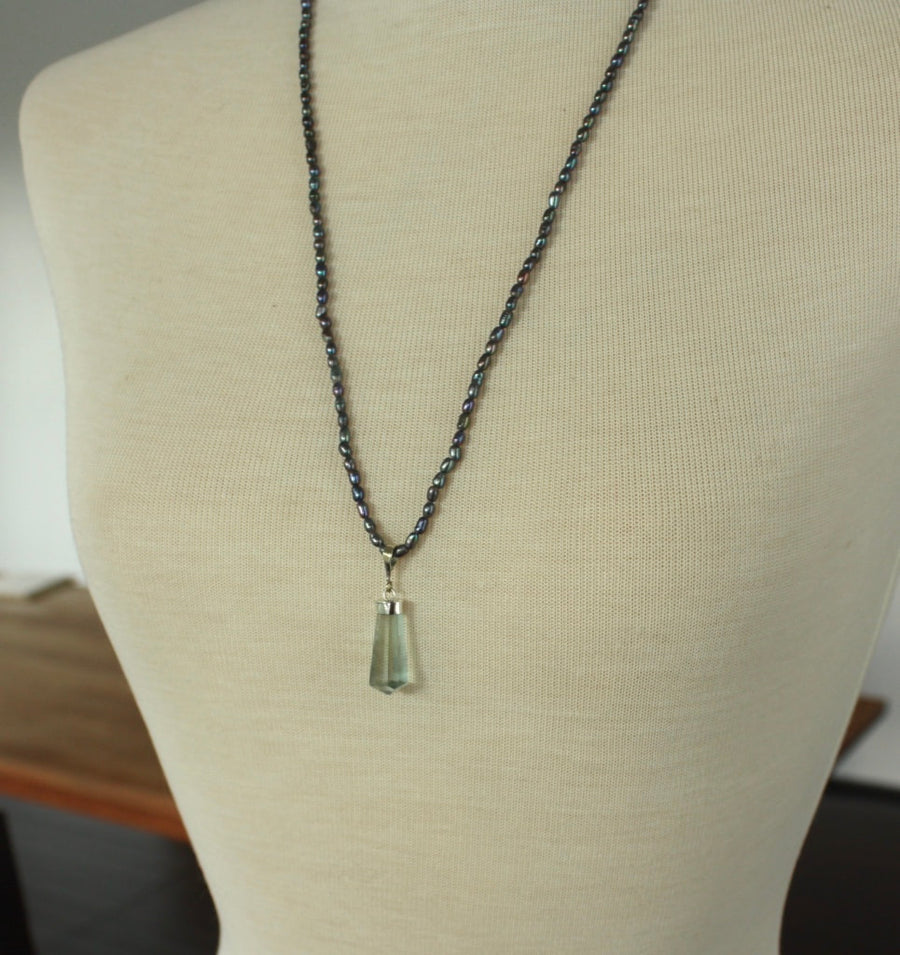 Light Green Fluorite Crystal Point Pendant and Metallic Freshwater Pearl Necklace