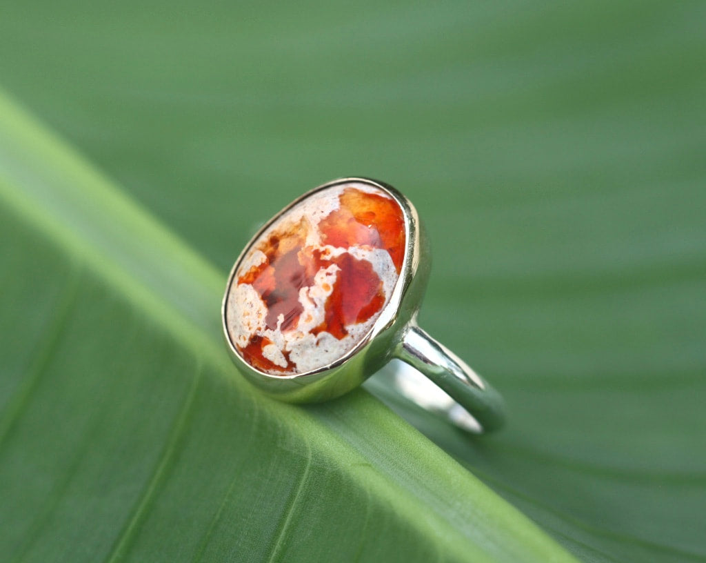 Mexican Fire Opal Ring, Mexican Cantera Opal Ring, 14k Gold and Sterling Silver