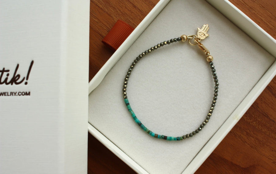 Skinny Natural Turquoise and Pyrite Hamsa Hand Amulet Bracelet, December Birthstone Bracelet