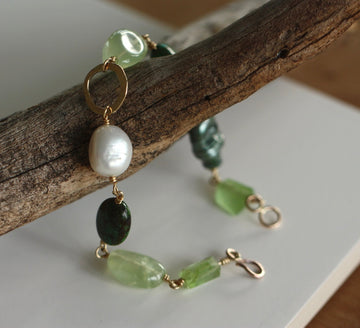 Peridot, Tibetan Turquoise, Prehnite and Pearl Bracelet