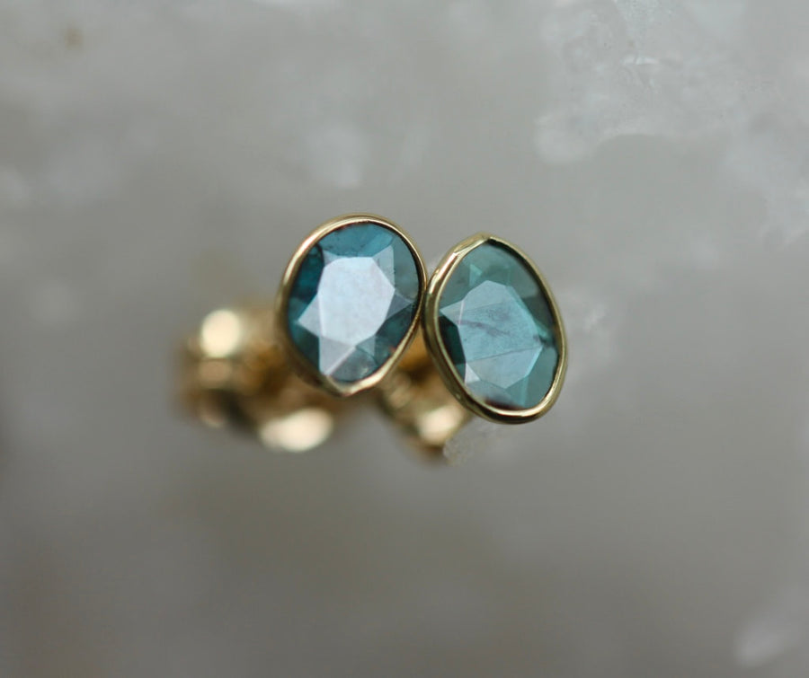 Raw Polki Cut Blue Diamond Slice Stud Earrings, 18k Gold