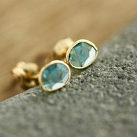 Raw Polki Cut Blue Diamond Slice Stud Earrings, 18k Gold