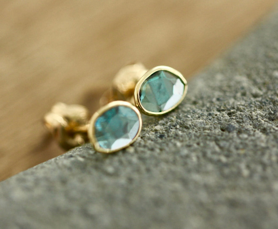 Raw Polki Cut Blue Diamond Slice Stud Earrings, 18k Gold